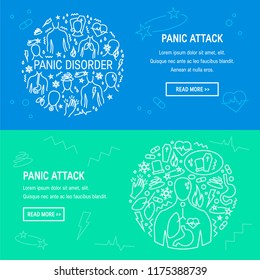 Panic disorder concept made of simple line icons, vector. Web banner template for psychotherapist or mental health clinic