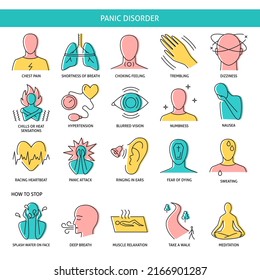 Panic disorder icon set in colored line style. Mental problems and calming activities symbols. Vector illustration.