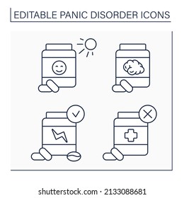 Panic disorder line icons set. Benzodiazepines, antidepressants, withdrawal and stimulant medication. Mental health care. Anxiety disorder concept. Isolated vector illustration. Editable stroke