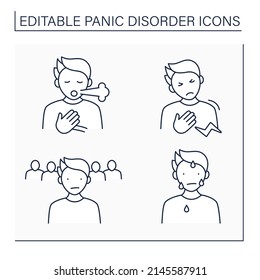 Panic disorder line icons set. Breath shortness, chest discomfort, loneliness, sweating. Anxiety disorder concept. Isolated vector illustrations. Editable stroke