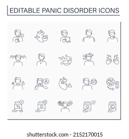 Panic disorder line icons set. Recurrent unexpected panic attacks. Mental health care. Anxiety disorder concept. Isolated vector illustration. Editable stroke