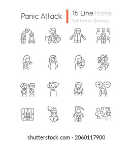 Panic disorder linear icons set. Symptoms and treatment. Anxiety and panic attack. Mental problems. Customizable thin line contour symbols. Isolated vector outline illustrations. Editable stroke