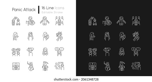 Panic disorder linear icons set for dark and light mode. Symptoms and treatment. Phobias and fears. Customizable thin line symbols. Isolated vector outline illustrations. Editable stroke