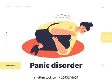 Panic disorder and mental health problems concept of landing page for website with depressed woman with panic attack lying on floor. Template vector illustration