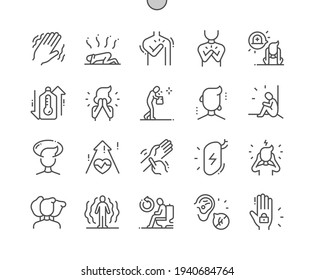 Panic disorder. Tremor and heartache. Pressure increase. Illness, unhappy and despair. Health care, medical and medicine. Pixel Perfect Vector Thin Line Icons. Simple Minimal Pictogram