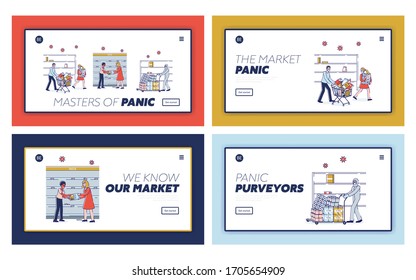 Panic During Coronavirus. Website Landing Page. Terrified People Buy Lots Of Food, Fight Because Of Food Supply Deficit At Supermarket. Web Page Cartoon Linear Outline Flat Vector Illustrations Set