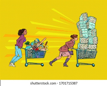 panic epidemic women in the supermarket. Pop art retro vector illustration kitsch vintage 50s 60s style