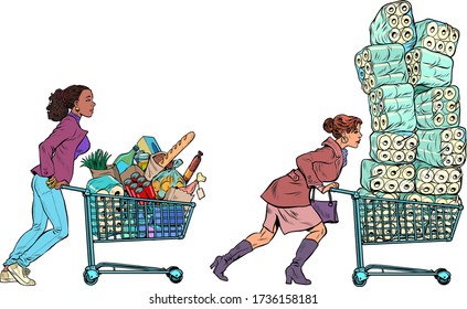 mujeres con epidemia de pánico en el supermercado. Dibujo vectorial retro de arte pop estilo kitsch vintage de los años 60