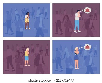 Panic episode in crowded space flat color vector illustration set. Intense sensation of fear. Sudden feeling of terror 2D simple cartoon characters collection with strangers on background