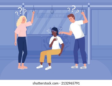 Panic episode on public transport flat color vector illustration. Woman experiences stress. Mental health. Reassuring strangers 2D simple cartoon characters with transport on background