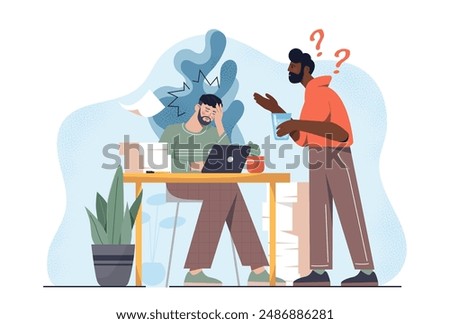 Panic episode at work. Man suffers from panic attack at workplace. Negative feelings and emotions. Mental problems and psychological disorder. Flat vector illustration isolated on white background