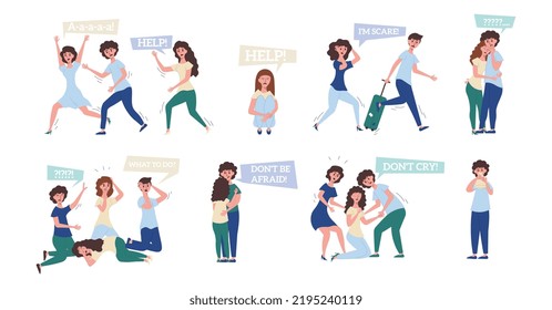 Panic flat set of adult people scared crying asking for help isolated vector illustration
