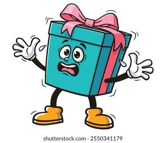 Panic Gift Box Cartoon Mascot Illustration Character Vector Clip-art Hand-drawn Logo Design