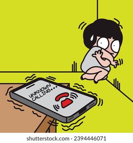Niña De Pánico Miedo A La Estafa Llamadora Desconocida En Su Ilustración De Carácter De Tarjeta De Pantalla De Smartphone
