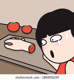 Panic Girl Looking At Her Chop Off Hand With Tomato Inside Concept Card Character illustration