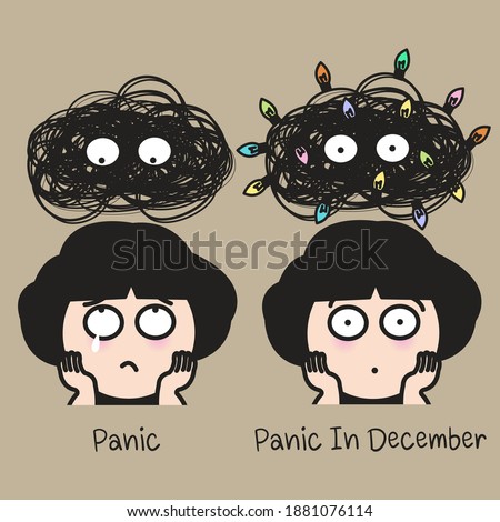 Panic Girl On Right With Tangled Line And The Same Panic Girl In December On Left With Strings Christmas Lights Decorated On Tangled Line Above Her Head Concept Card Character illustration