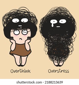 Panic Girl With Overthink Tangled Line On Her Head And Overstress Tangled Line On Her Total Body Concept Card Character illustration
