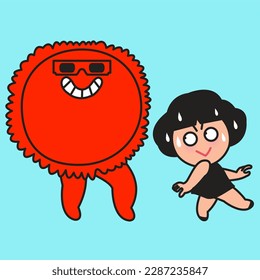 Panic Girl Sweat Flows Down Her Face With Drop, Looking At Red Sun With Legs Following Her Everywhere. Summer Mood Concept Card Character illustration