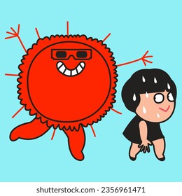 Panic Girl Sweat Flows Down Her Face With Drop, Looking At Cheerful Red Sun With Legs And Hands Trying To Hug Her. Summer Mood Concept Card Character illustration