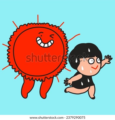 Panic Girl Sweat Flows Down Her Face With Drop, Running Away From Cheerful Red Sun With Legs And Hands Chasing Her. Terrific Sunny Day Concept Card Character illustration