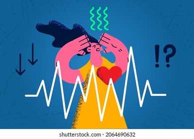 Panic and heart attack concept. Young furious stressed woman cartoon character standing touching head feeling pain in heart with fast heartbeat pulse vector illustration 