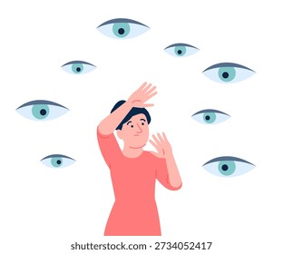 Pánico de los ojos invisibles alrededor. Mujer joven que siente la actitud pública, el miedo interior y el estrés. Mirada diferente, hembra avergonzada, escena de Vector reciente nervioso