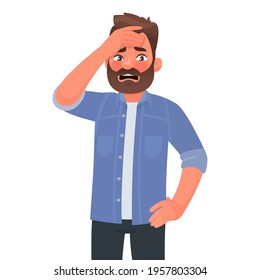 Panic. A man expresses emotions of anxiety and shock. Stress and anxiety. Amazed guy character. Vector illustration in cartoon style