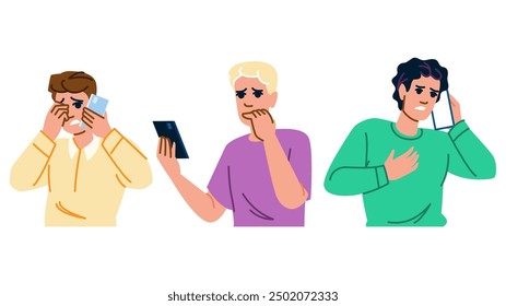 Hombre de pánico Teléfono Miedo Vector. Temor Preocupación, Terror Inquietud, Aprehensión Nerviosismo Hombre de pánico Teléfono Miedo Personaje