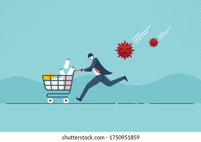 Panic man running in fear with full of consumer goods product, medicine in shopping cart because Coronavirus or COVID-19 outbreak crisis.  Vector illustration design.
