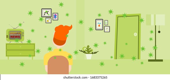 Panic with the news of the virus spread. Men watched the television news in his room.