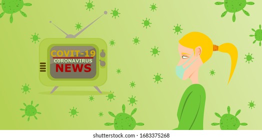 Panic with the news of the virus spread. Women watch the news of the virus spread on TV.