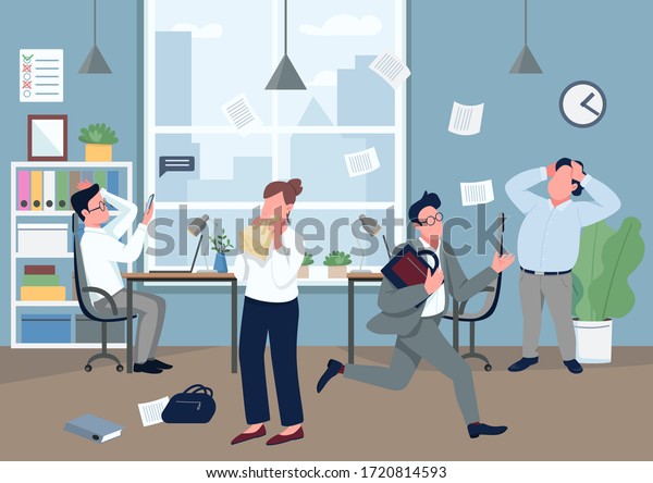 Panic in office flat color vector illustration.\
Company employee with panic attack 2D cartoon character with\
stressed coworkers on background. Stressful situation, mass\
hysteria. Business\
crisis