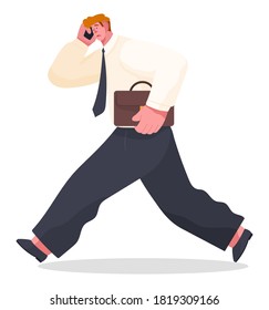 Panic of office worker, unorganized man with phone talking, holding suitcase or portfolio and running, guy wearing office costume in stress, worker failure deadline, stressing, busy, cartoon character