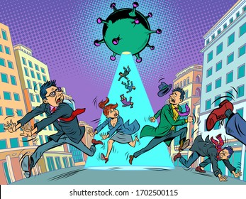 panic people running away from coronavirus. epidemic and fears. Comics caricature pop art retro illustration drawing
