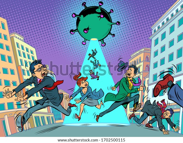 コロナウイルスから逃げ出すパニックの人々 流行や恐怖 レトロなイラストを描いた漫画風のポップアート のベクター画像素材 ロイヤリティフリー