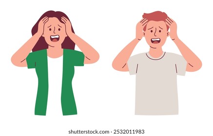 Panic People Scream Out Feels Stress, Woman and Man Panic