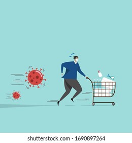 panic people wheeling shopping cart with full of sterilizing , cleaning equipment and consumer goods product running away from Coronavirus during  COVID-19 outbreak crisis. stock up