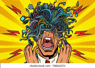 panic people wire adapter cables pop art background. retro vector illustration