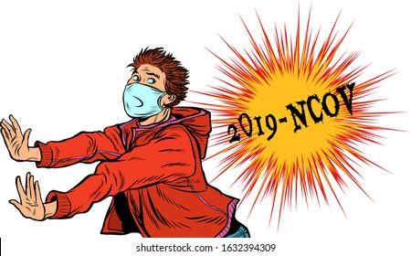 Panic, a person is afraid of an epidemic. Novel Wuhan coronavirus 2019-nCoV epidemic outbreak. Pop art retro vector illustration 50s 60s style