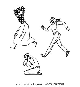 panic scared woman vector. terror phobia, dread horror, alarm worry panic scared woman character. people black line pencil drawing illustration