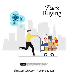 Panic Shopping Concept. Man With Face Mask Running With Full Cart Buying All Groceries He Can Find In Supermarket. COVID-19 Concept Flat Vector Character