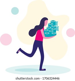 Compras pánicas durante la pandemia del coronavirus. Una mujer compra papel higiénico a granel. Ilustración vectorial plana.