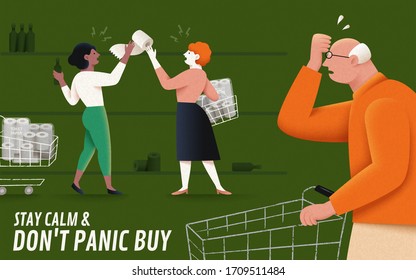 Panic shopping during COVID-19 pandemic, with two women already hoarding a lot of tissue paper but still fighting for the last roll