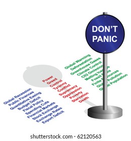 Donâ??t panic sign standing on the troubles facing the world