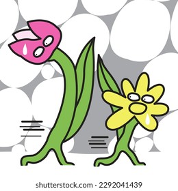 Panic Spring Flowers Runaway From Winter Concept Card Character illustration