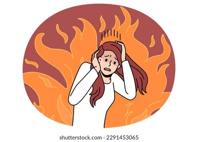 Panic stress and mental problems concept. Stressed young woman standing touching head having mental problems feeling scared afraid of fire vector illustration