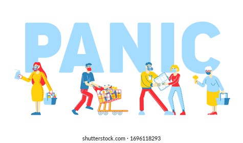 Panic in Supermarket Concept. People Buying Up all Goods in Store, Fighting for Toilet Paper, Male and Female Characters Prepare for Doomsday, Covid-19 Poster Banner Flyer Linear Vector Illustration