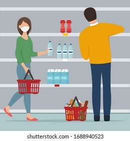 Panic in a supermarket due to coronavirus. A woman and man with a grocery bag walks past empty shelves in a store. On the shelves there are no products. Flat vector illustration