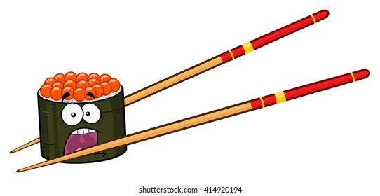 Panic Sushi Roll Cartoon Mascot Character With Chopsticks. Vector Illustration Isolated On White