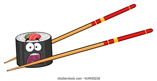 Panic Sushi Roll Cartoon Mascot Character With Chopsticks. Vector Illustration Isolated On White